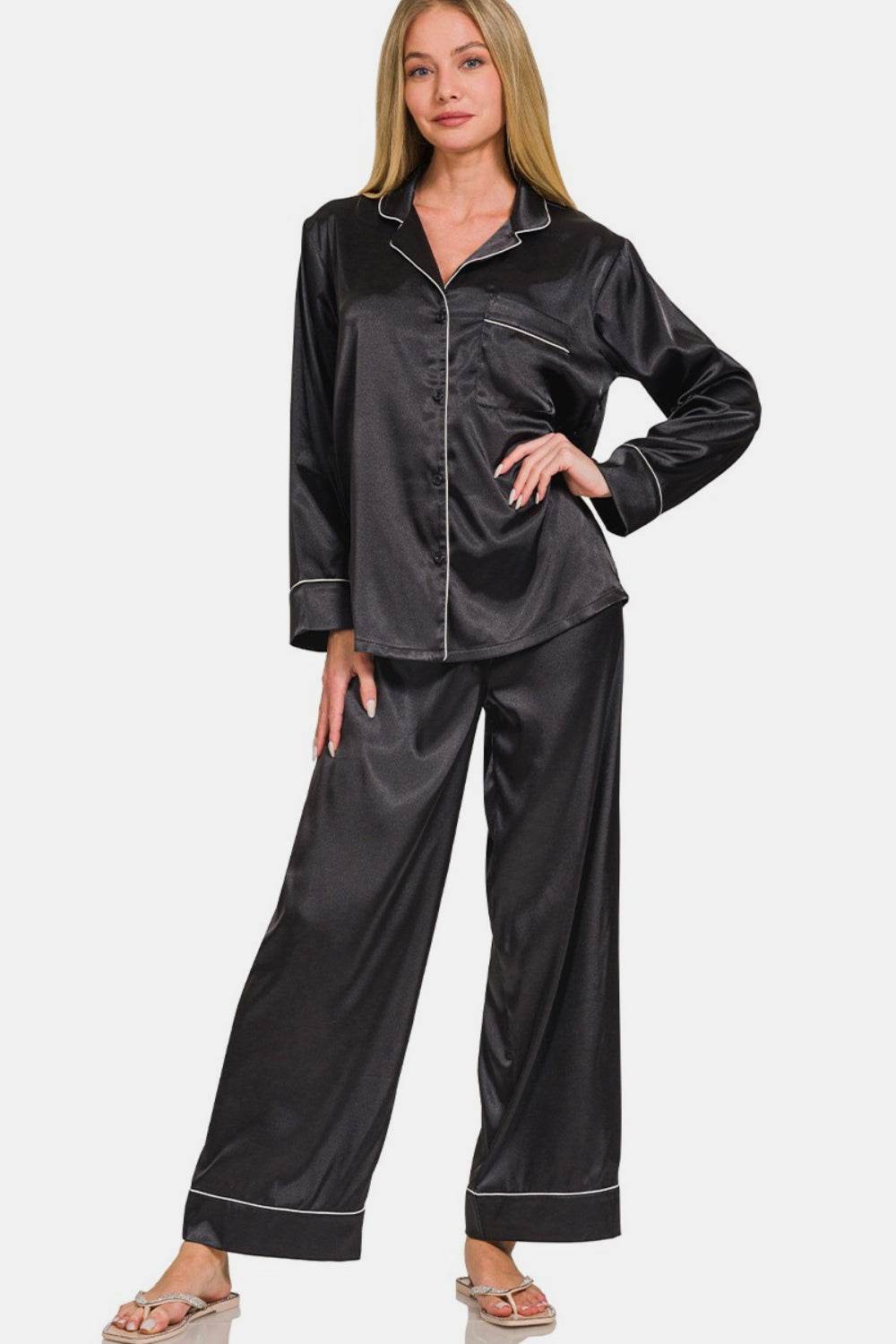 Zenana Satin Long Sleeve Shirt and Pants Pajama Set - Velveta Studio