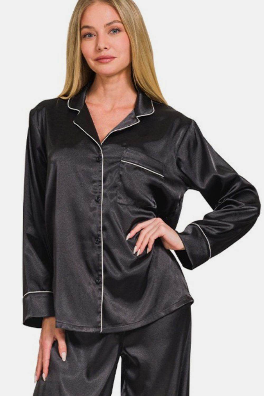 Zenana Satin Long Sleeve Shirt and Pants Pajama Set - Velveta Studio