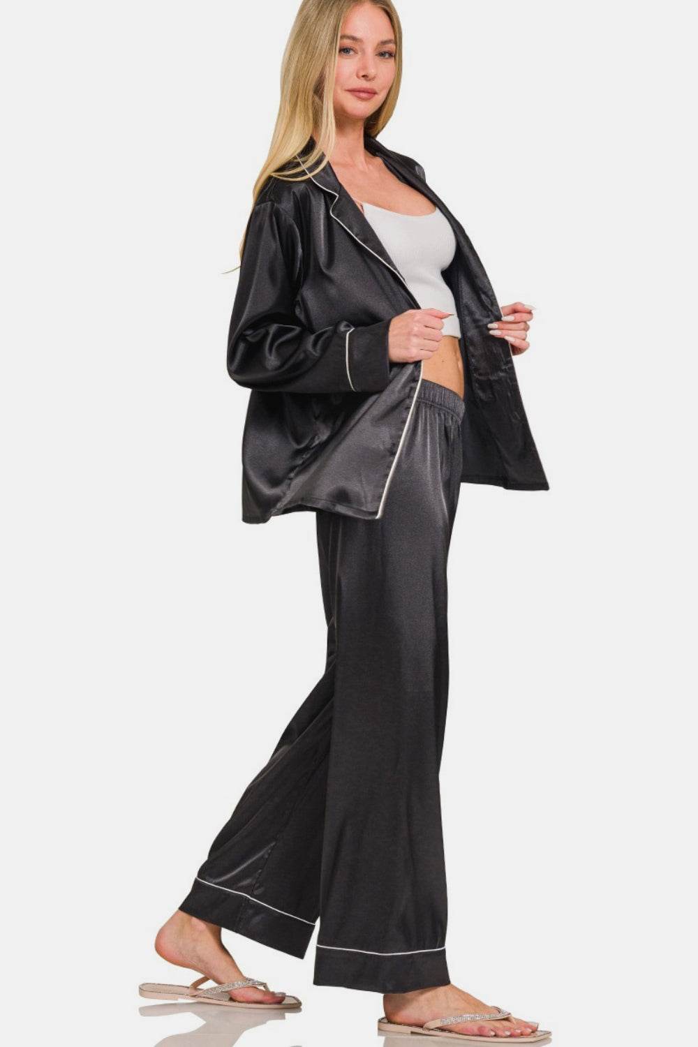 Zenana Satin Long Sleeve Shirt and Pants Pajama Set - Velveta Studio