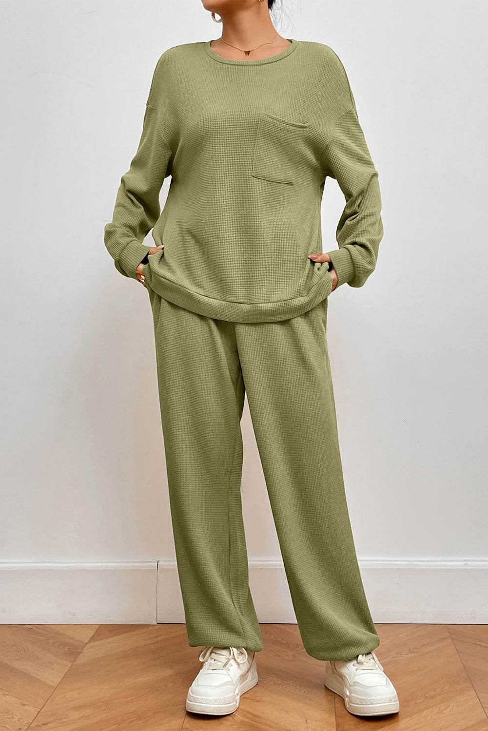 Pocketed Round Neck Top and Pants Lounge Set - Velveta Studio
