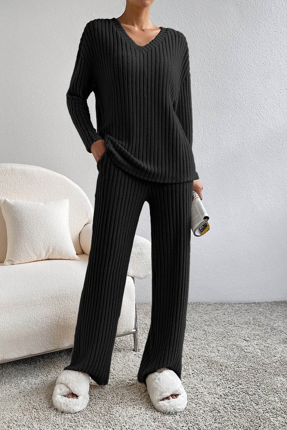 Ribbed V-Neck Top and Pants Lounge Set - Velveta Studio