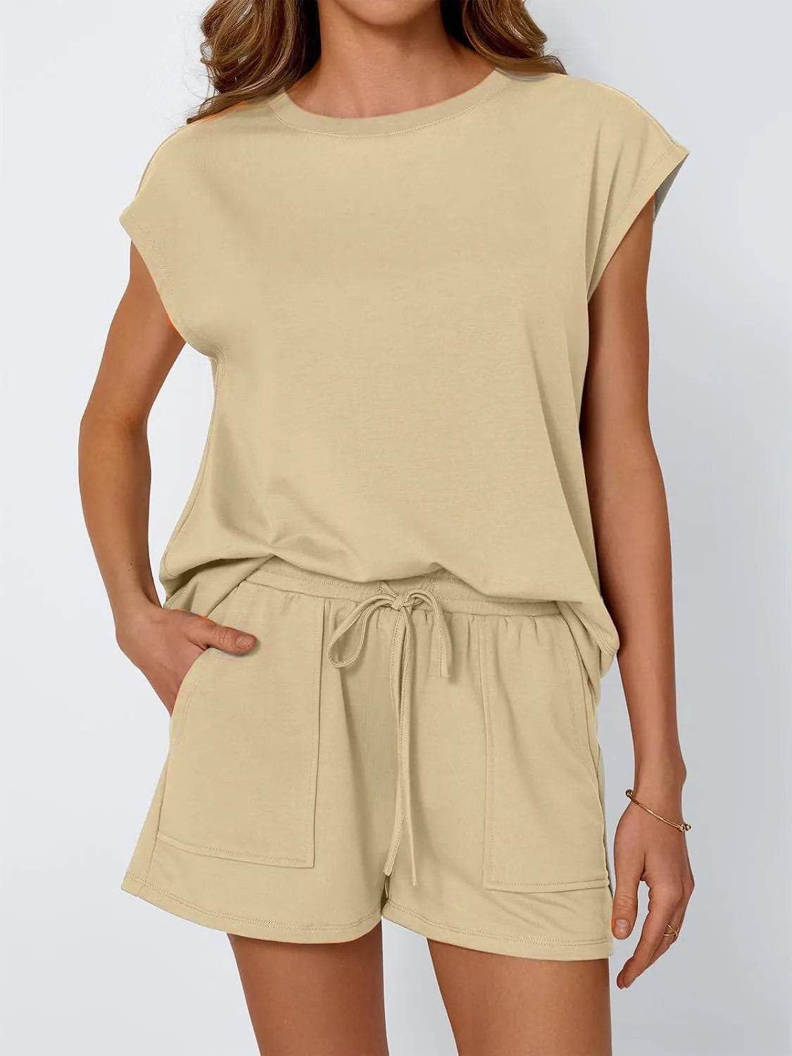Round Neck Cap Sleeve Top and Shorts Set - Velveta Studio