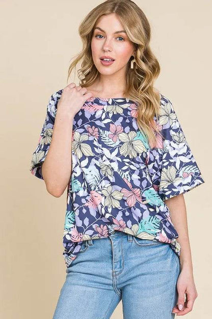BOMBOM Floral Round Neck Short Sleeve T-Shirt - Velveta Studio