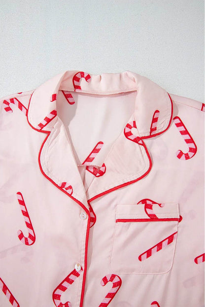 Candy Cane Collared Neck Long Sleeve Top and Shorts Lounge Set - Velveta Studio