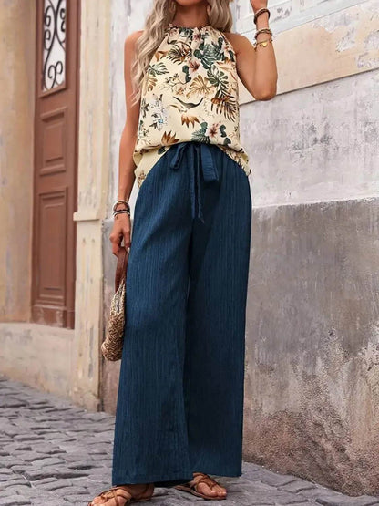 Printed Tank Top and Wide Leg Pants Set - Velveta Studio