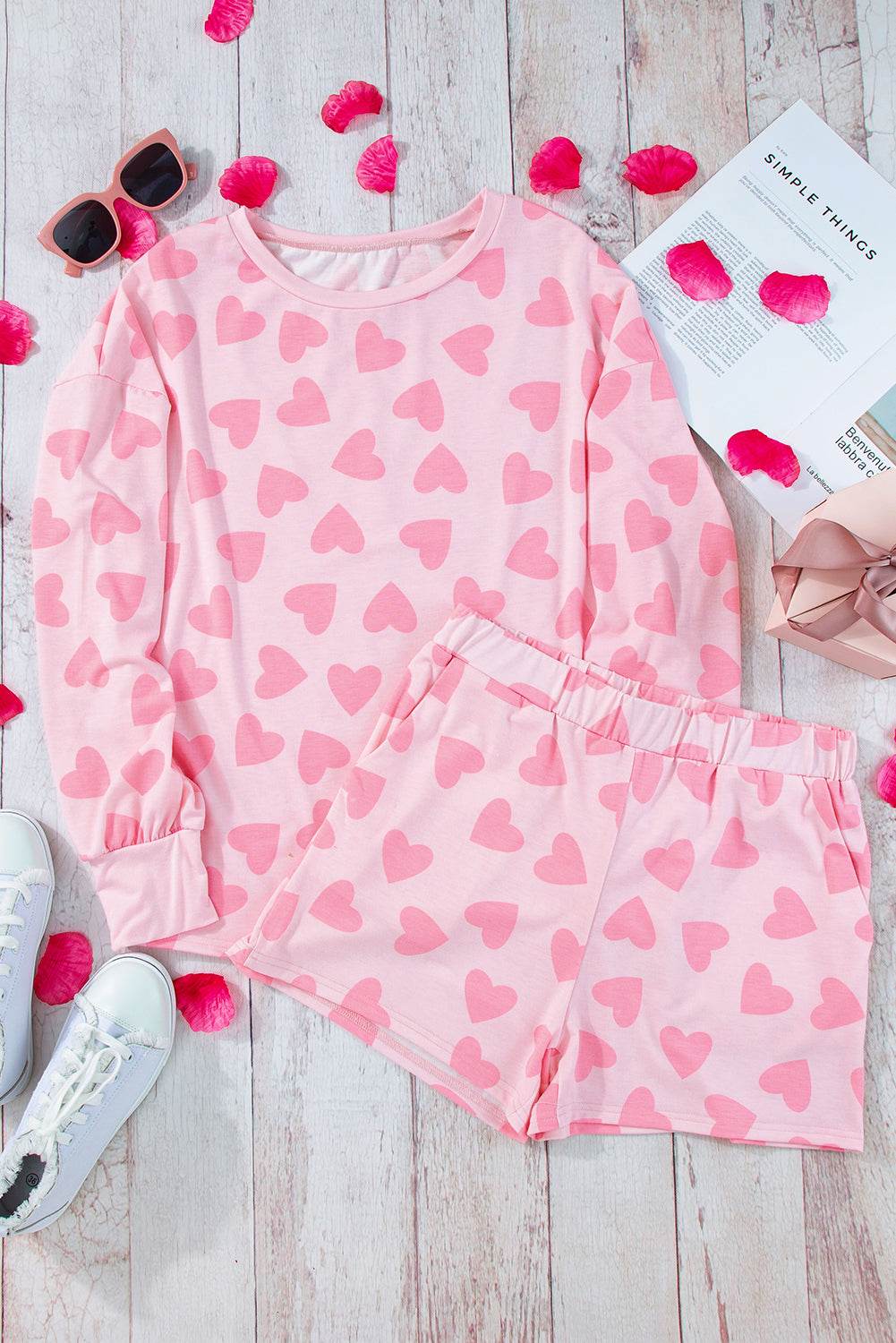 Heart Print Long Sleeve Top and Shorts Lounge Set - Velveta Studio