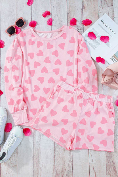 Heart Print Long Sleeve Top and Shorts Lounge Set - Velveta Studio