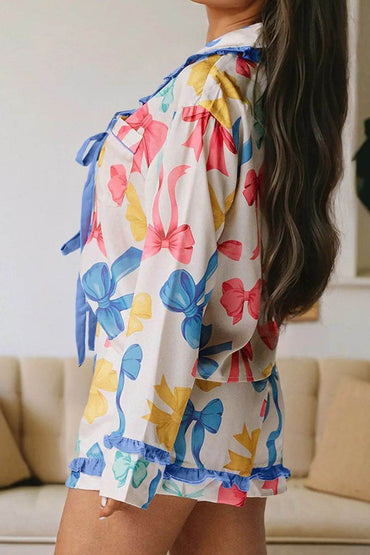 Bow Print Collared Neck Top and Shorts Lounge Set - Velveta Studio