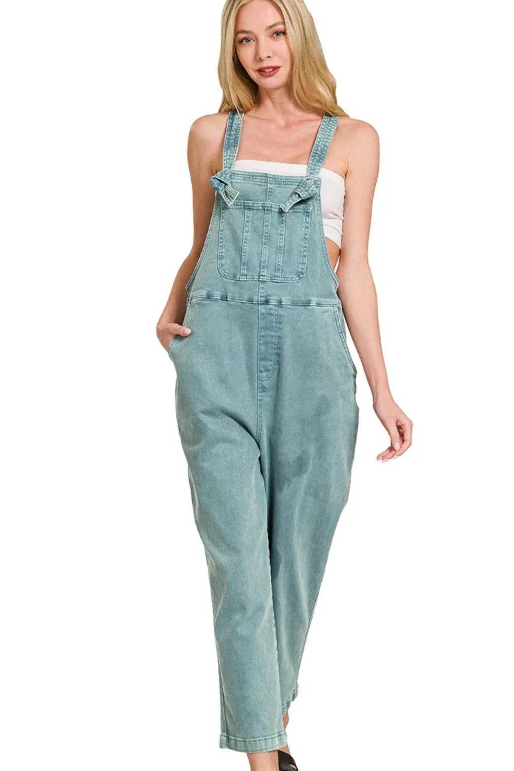 Washed Knot Strap Relaxed Fit Overalls - Teal - Velveta Studio