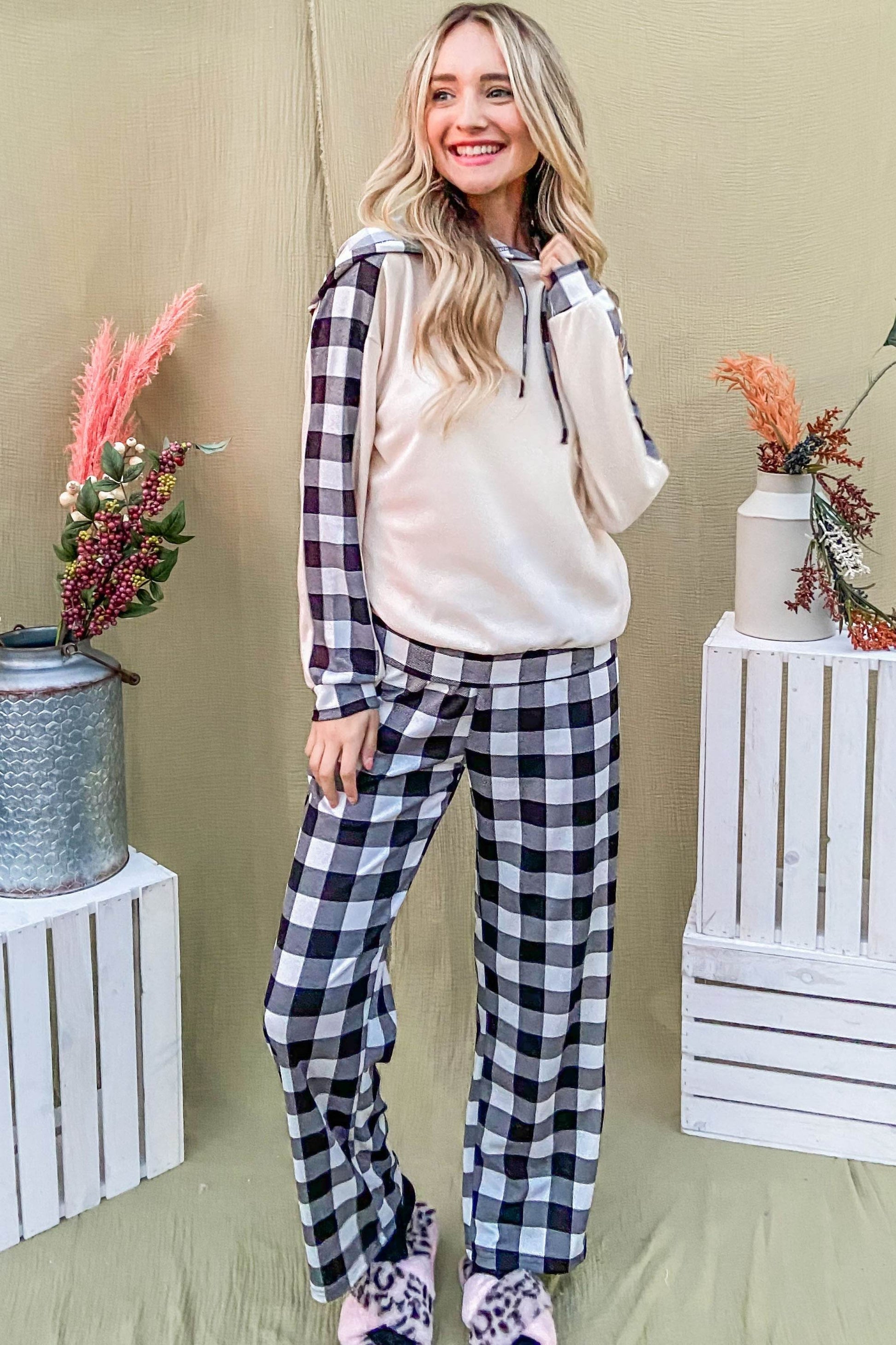 And The Why Drawstring Hooded Top and Plaid Pants Lounge Set - Velveta Studio