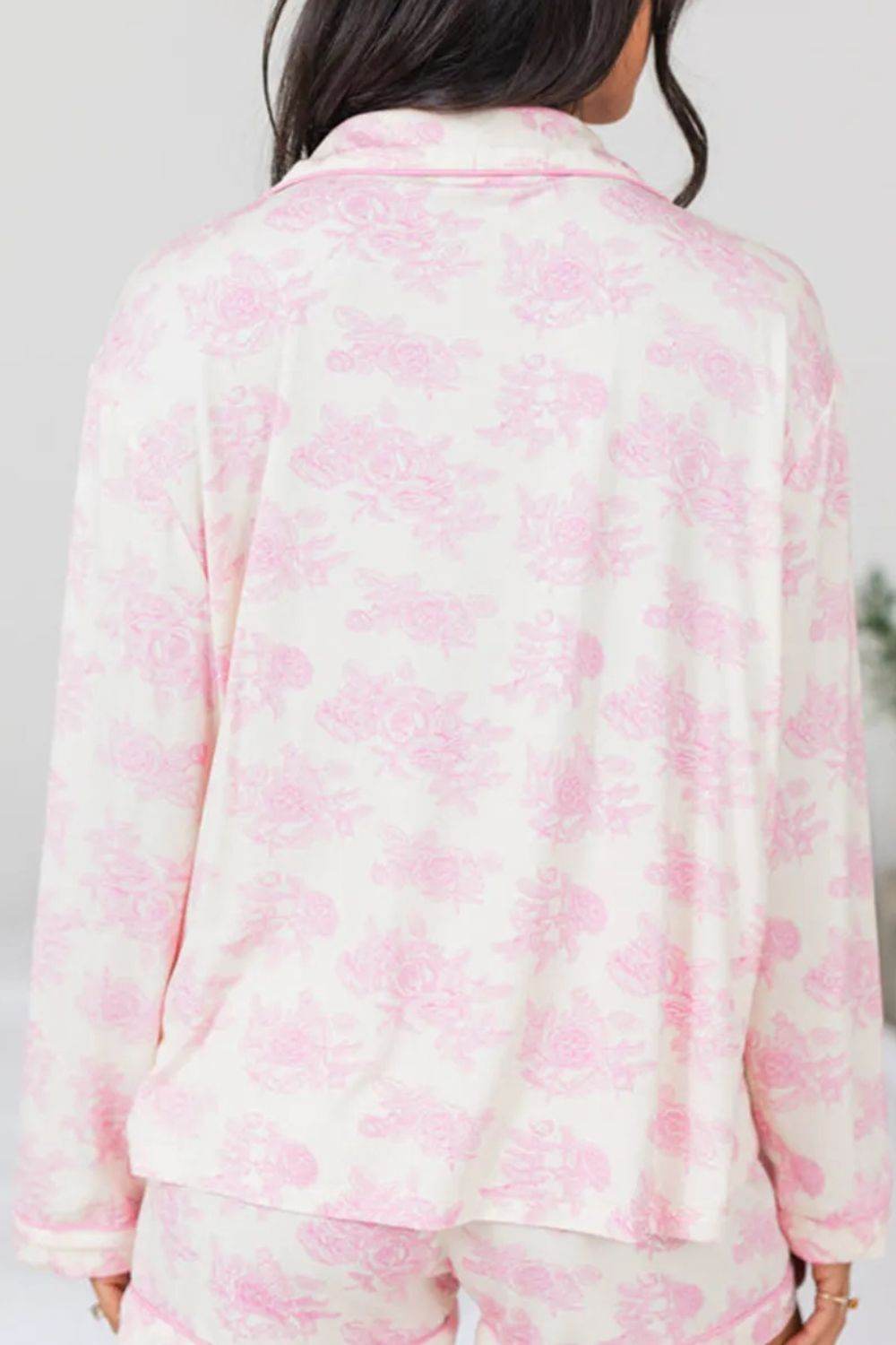 Printed Button Up Long Sleeve Top and Pants Lounge Set - Velveta Studio
