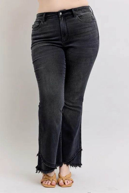 Full Size High Waist Flare W/ Mock Fray Tulip Hem Plus Size - Velveta Studio