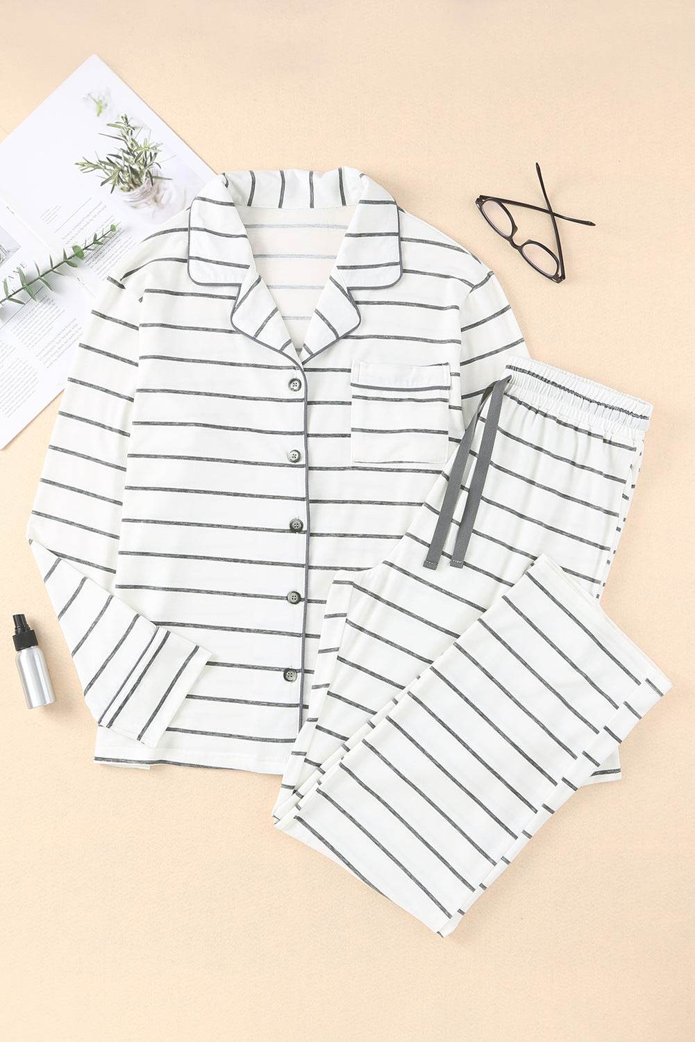 Striped V-Neck Long Sleeve Top and Pants Lounge Set - Velveta Studio