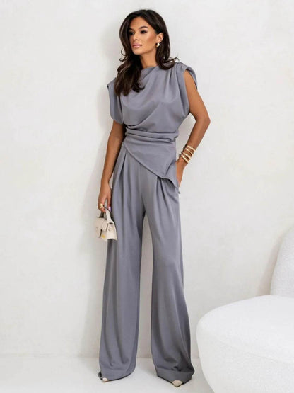 Slit Ruched Top and Wide Leg Pants Set - Velveta Studio