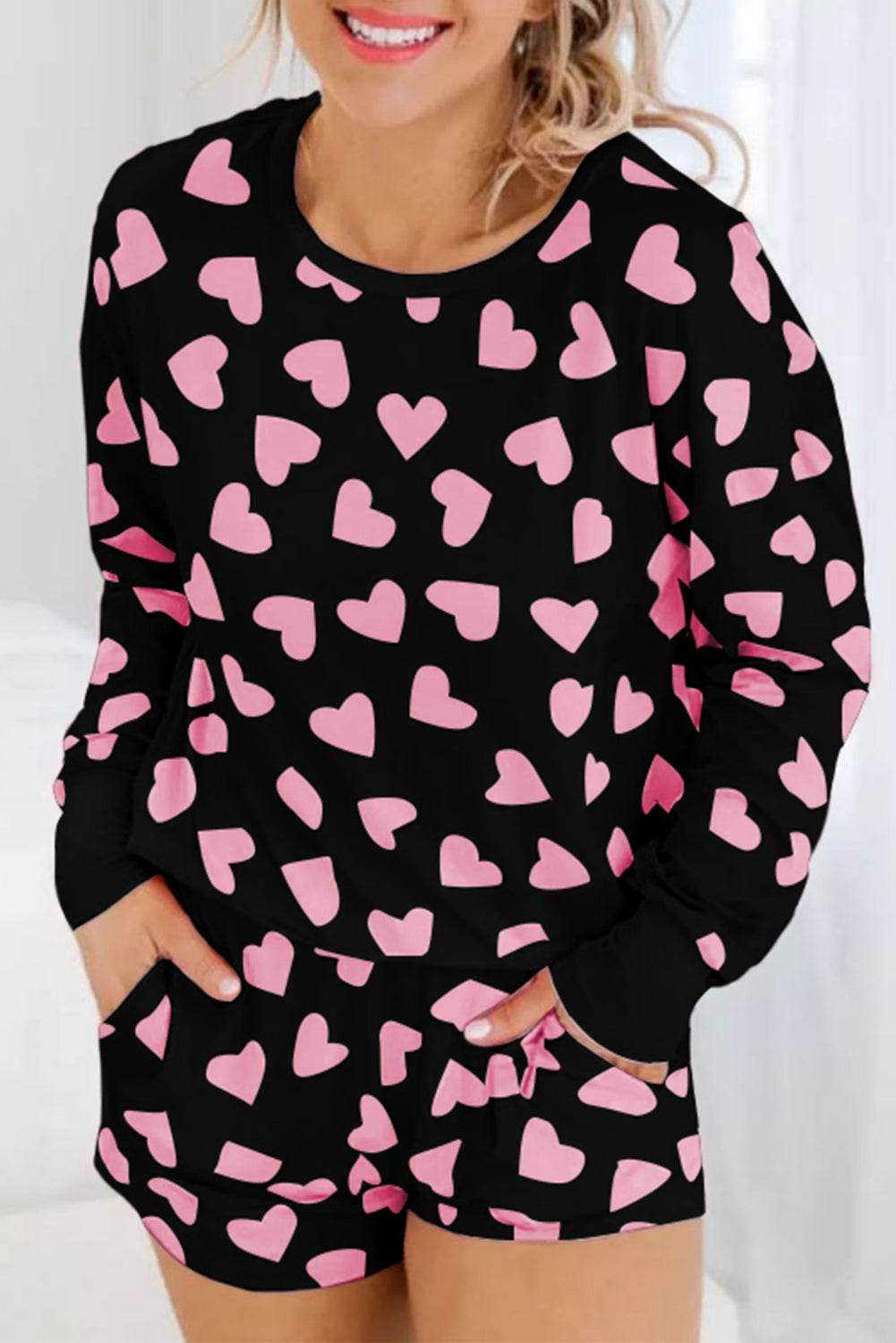 Heart Print Long Sleeve Top and Shorts Lounge Set - Velveta Studio