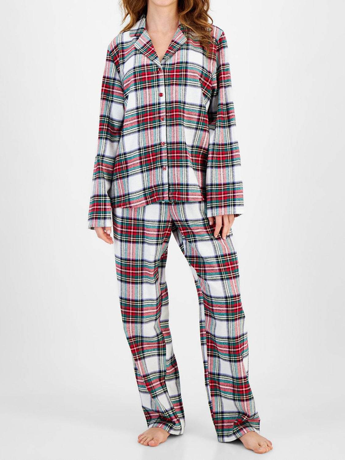 Plaid Collared Neck Button Up Top and Pants Lounge Set - Velveta Studio