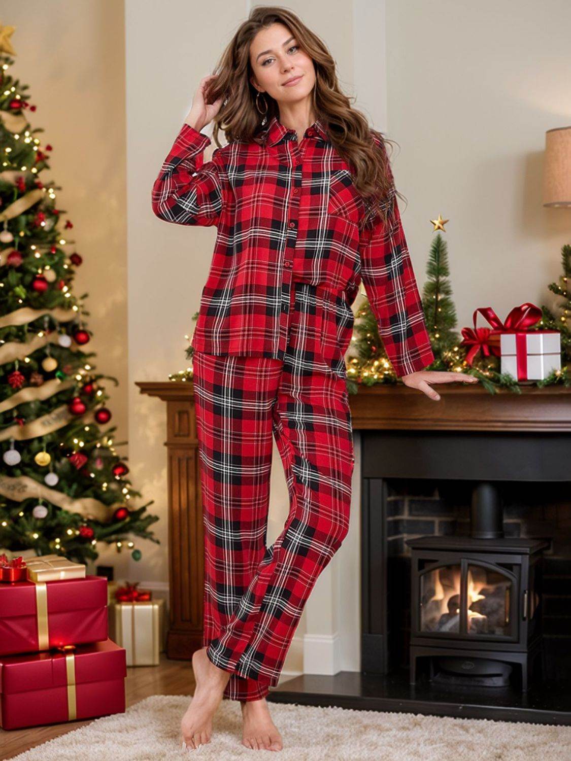 Plaid Collared Neck Long Sleeve Top and Pants Lounge Set - Velveta Studio