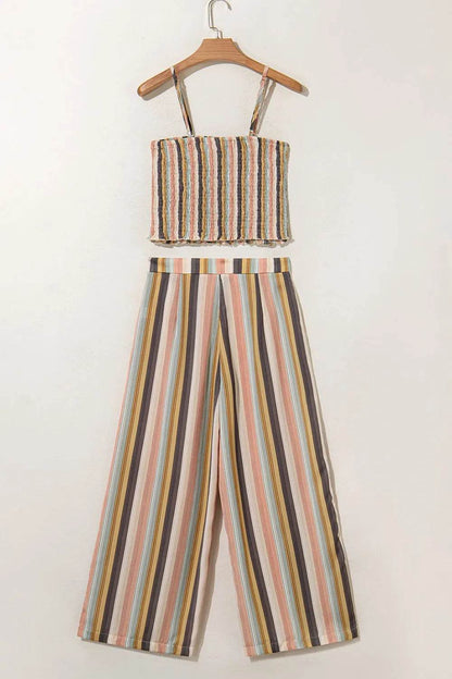 Striped Smocked Cami Top and Wide Leg Pants Set - Velveta Studio