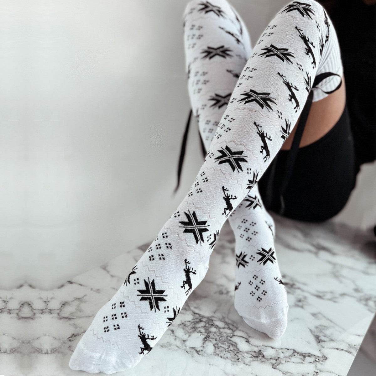Christmas Element Bowknot Ribbed Trim Over Knee Stockings - Velveta Studio