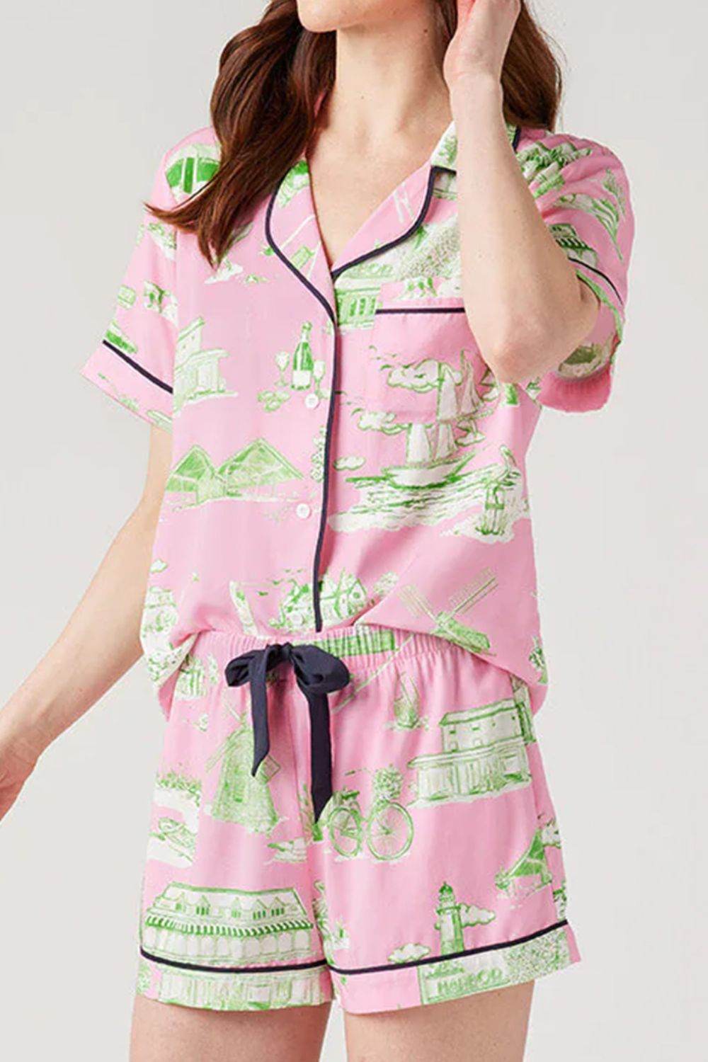 Collared Neck Printed Top and Drawstring Shorts Lounge Set - Velveta Studio