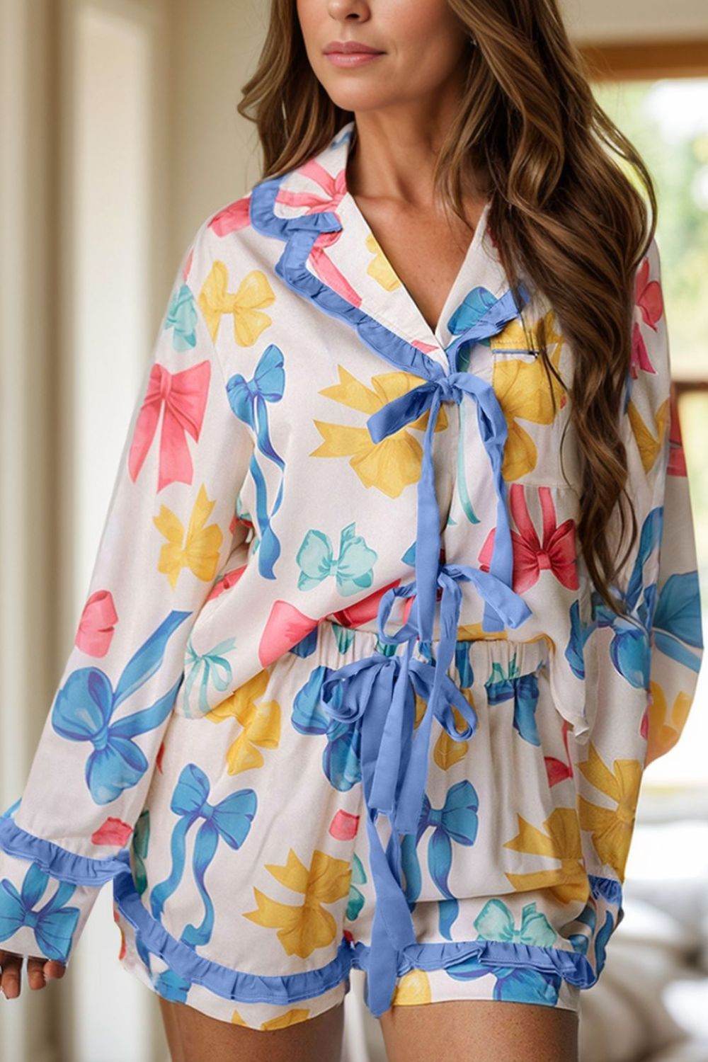 Bow Print Collared Neck Top and Shorts Lounge Set - Velveta Studio