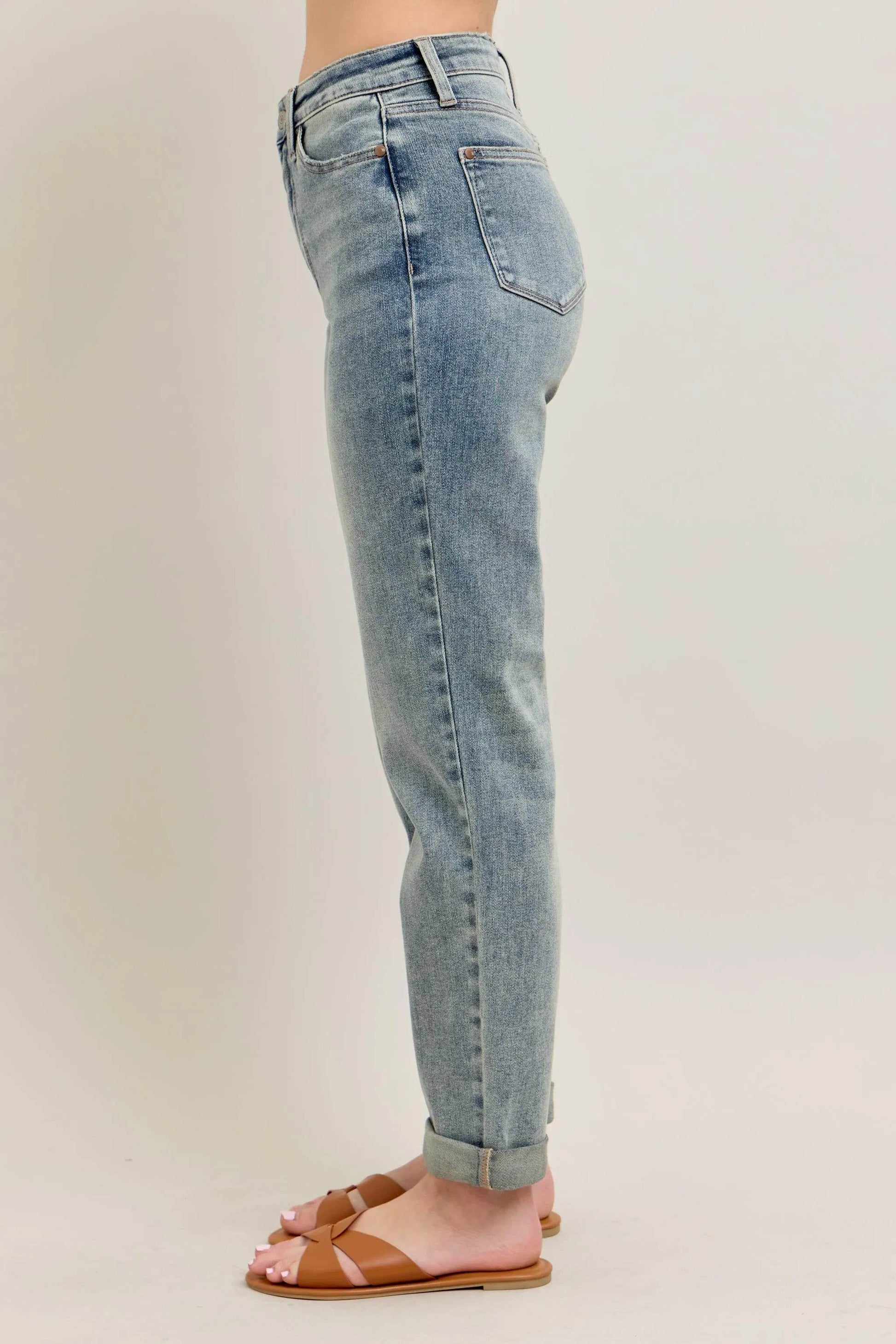 Judy Blue Full Size Hw Vintage Wash Double Roll Cuff Bf Jeans Plus Size - Velveta Studio