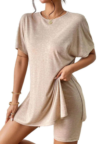 Slit Round Neck Short Sleeve Oversized Top and Shorts Set - Velveta Studio