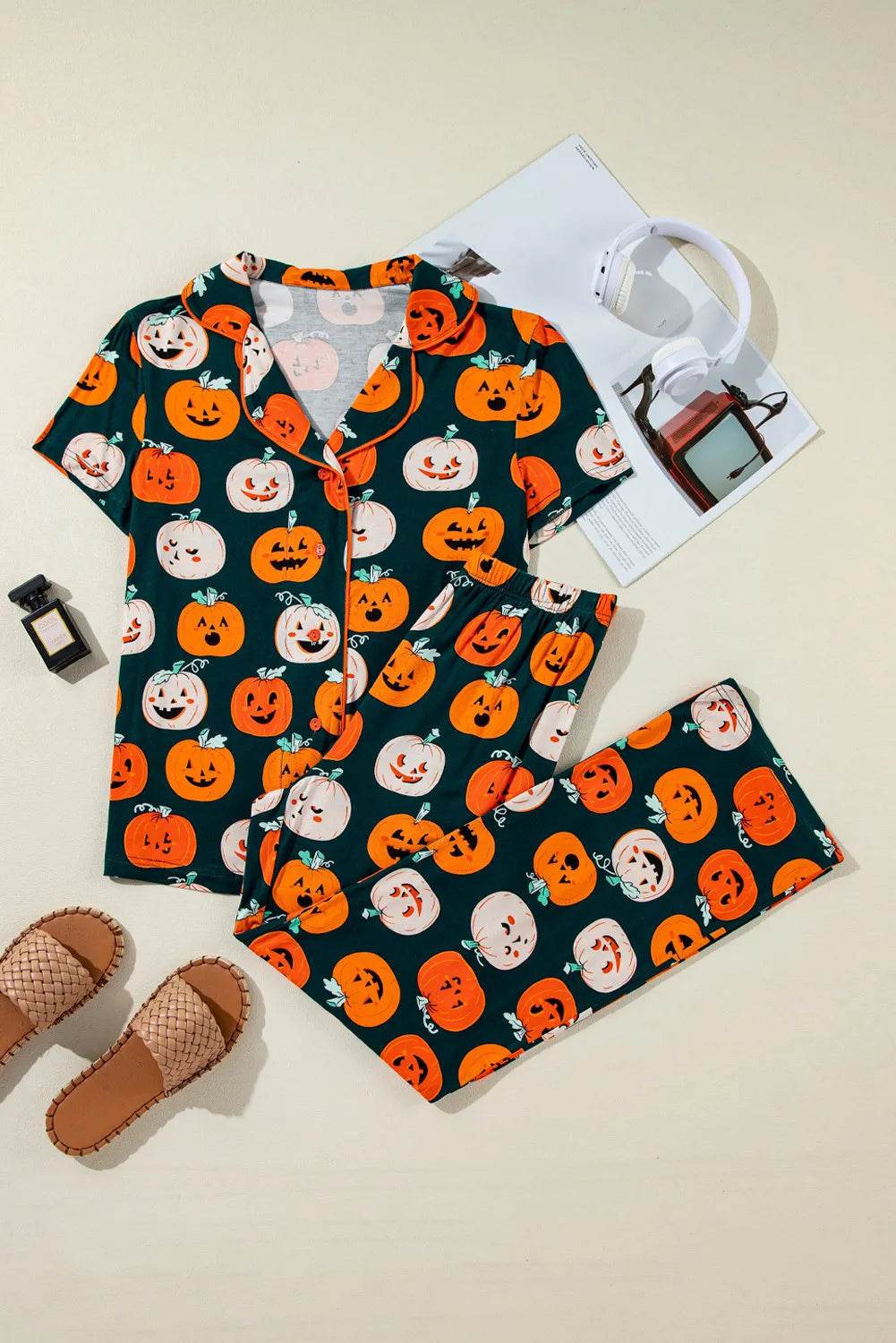 Pumpkin Printed Short Sleeve Top and Pants Lounge Set - Velveta Studio