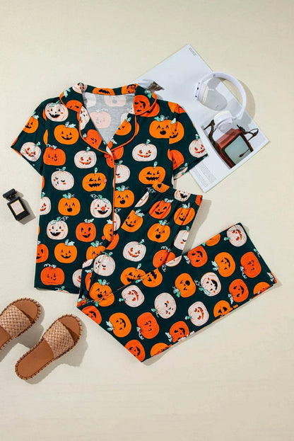 Pumpkin Printed Short Sleeve Top and Pants Lounge Set - Velveta Studio