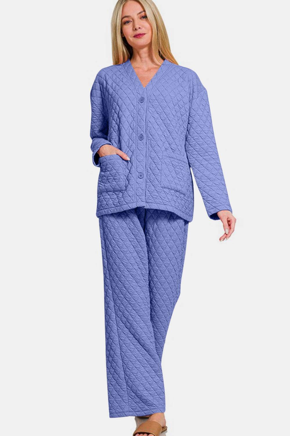 Zenana Quilted Button Up Long Sleeve Top and Pants Lounge Set - Velveta Studio