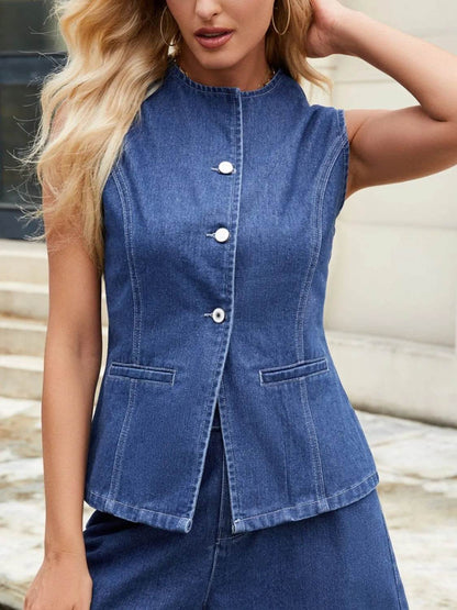 Button Down Vest and Shorts Denim Set - Velveta Studio