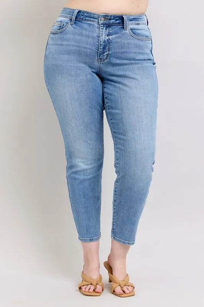 Mid Rise Vintage Wash Slim Jeans with Cell Phone Pocket Plus Size - Velveta Studio