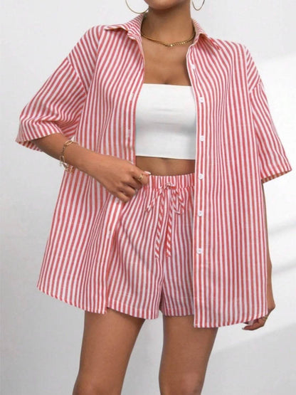 Striped Button Up Shirt and Shorts Set - Velveta Studio
