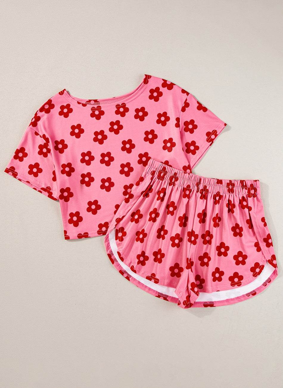 Floral Cropped Tee and Shorts Lounge Set - Velveta Studio