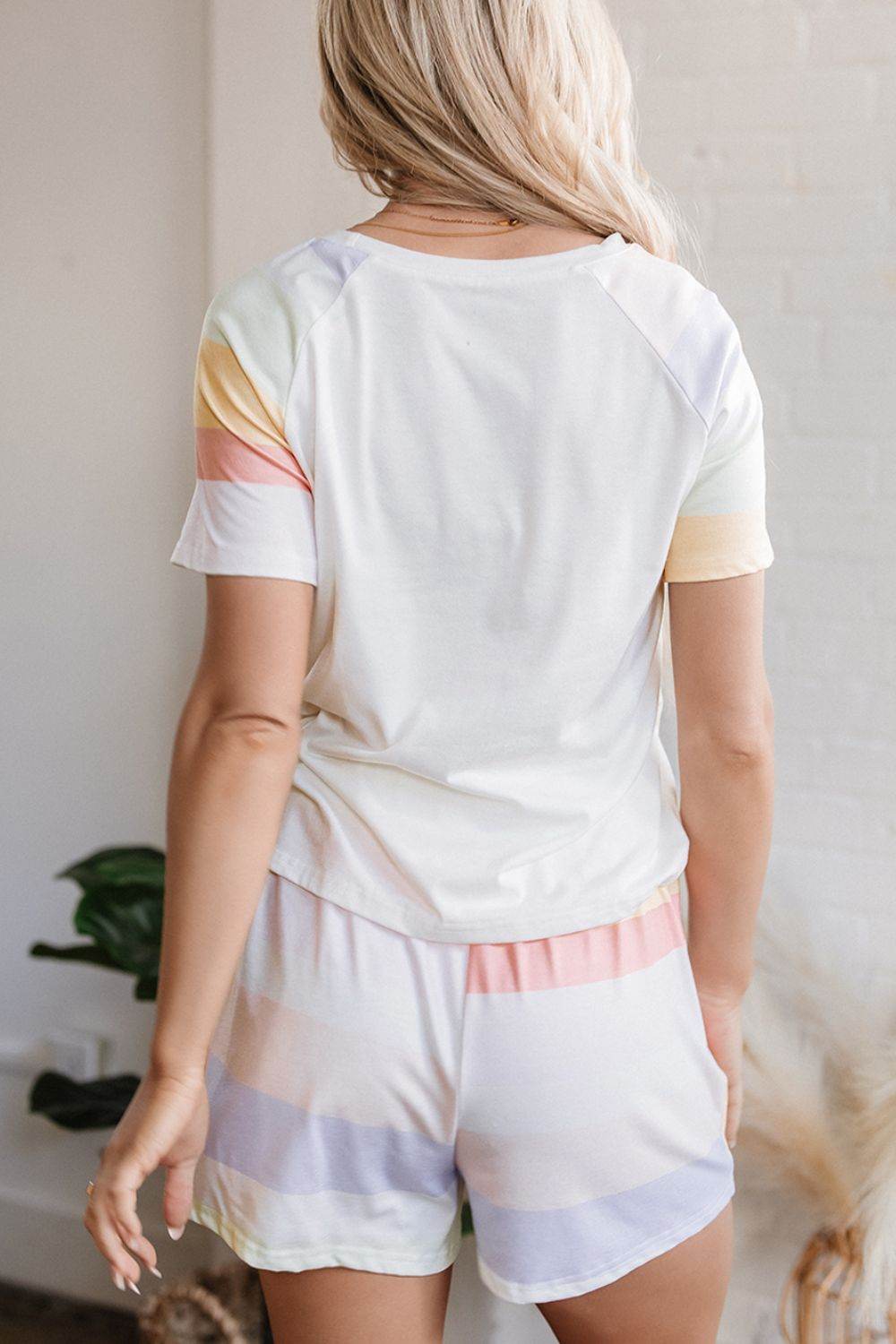 Rainbow Striped Round Neck T Shirt and Shorts Lounge Set - Velveta Studio