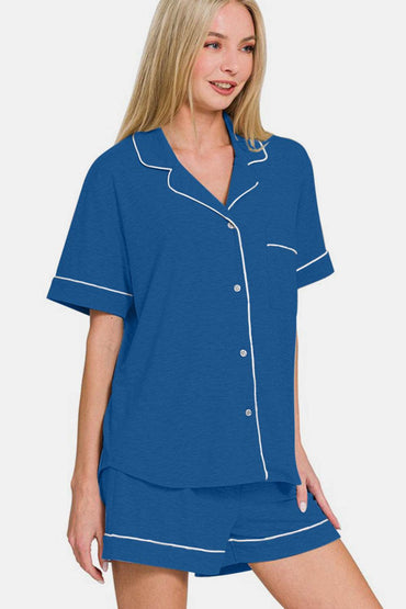 Zenana Button Down Short Sleeve Top and Shorts Lounge Set - Velveta Studio