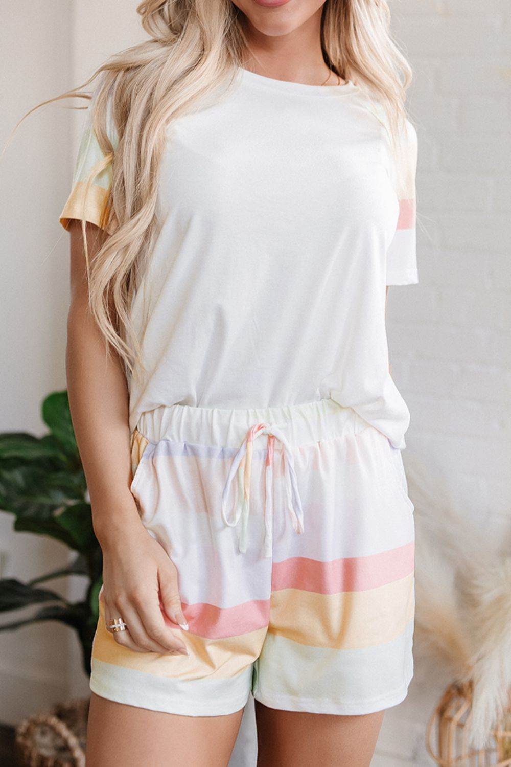 Rainbow Striped Round Neck T Shirt and Shorts Lounge Set - Velveta Studio