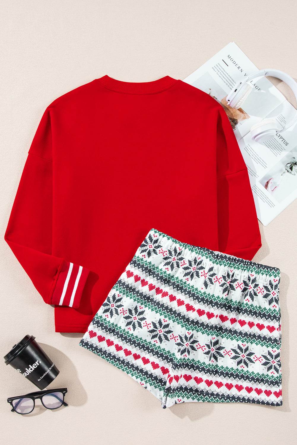 Letter Graphic Round Neck Top and Printed Shorts Lounge Set - Velveta Studio