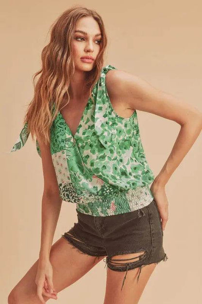 Aemi + Co Smocked Hem Printed Surplice Tank - Velveta Studio