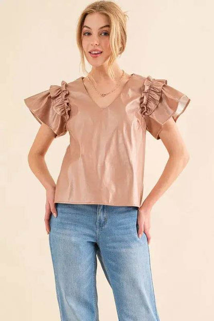 And The Why Faux Leather Ruffle Sleeves V Neck Top - Velveta Studio