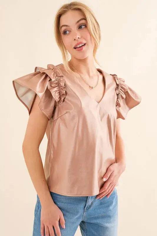 And The Why Faux Leather Ruffle Sleeves V Neck Top - Velveta Studio