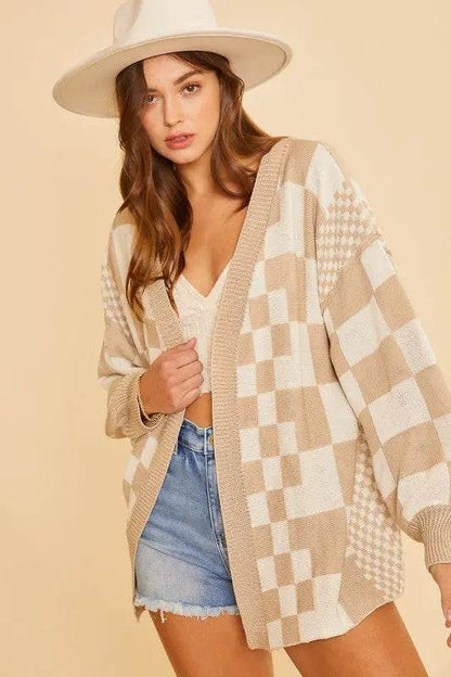 Annie Wear Checkered Open Front Drop Shoulder Cardigan - Velveta Studio