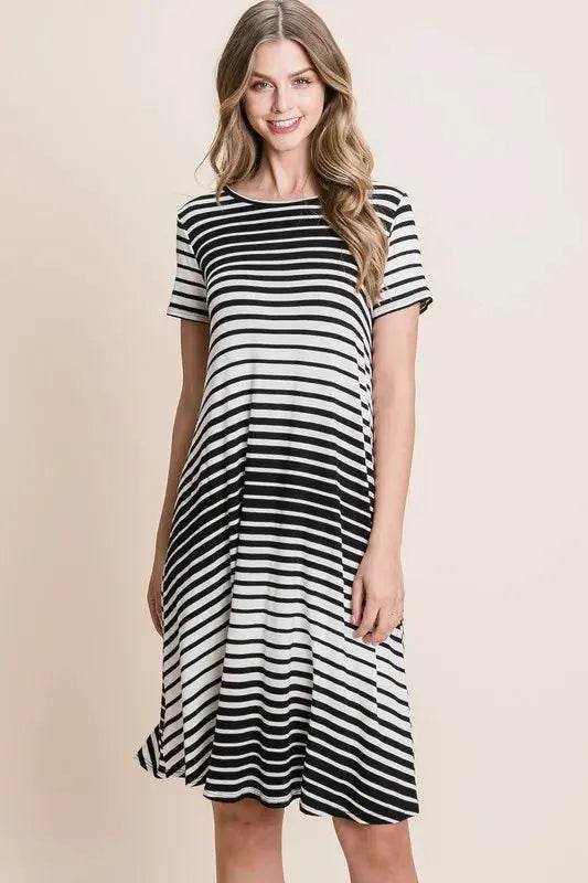 BOMBOM Casual Stripe Round Neck Tee Dress - Velveta Studio