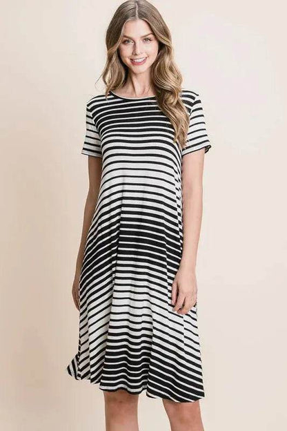 BOMBOM Casual Stripe Round Neck Tee Dress - Velveta Studio