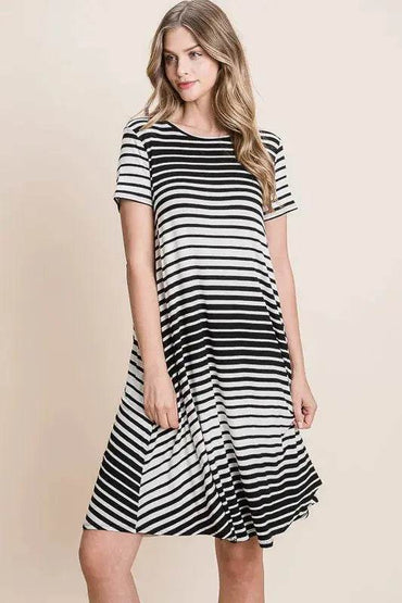 BOMBOM Casual Stripe Round Neck Tee Dress - Velveta Studio