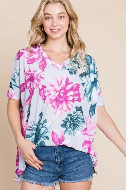 BOMBOM Floral V-Neck Short Sleeve T-Shirt - Velveta Studio