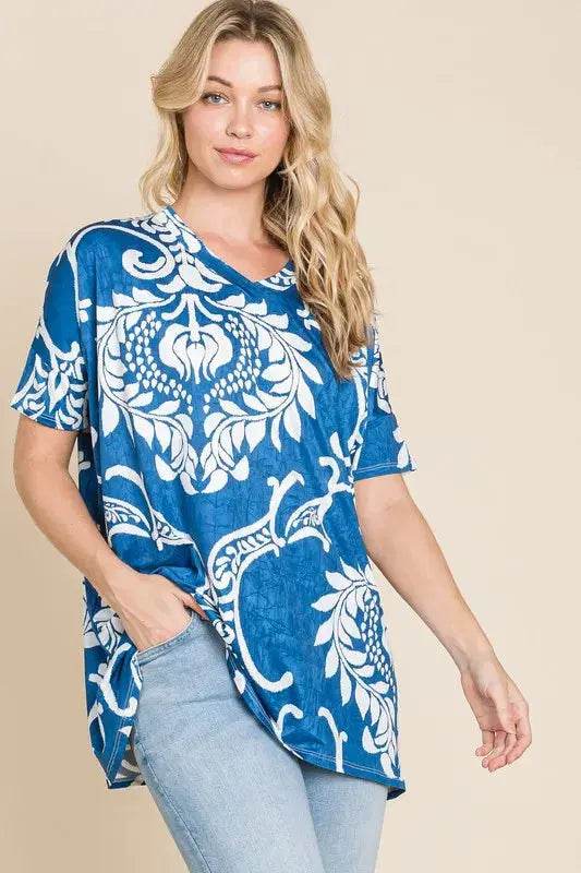 BOMBOM Printed Relaxed V-Neck Tunic Top - Velveta Studio
