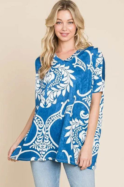 BOMBOM Printed Relaxed V-Neck Tunic Top - Velveta Studio