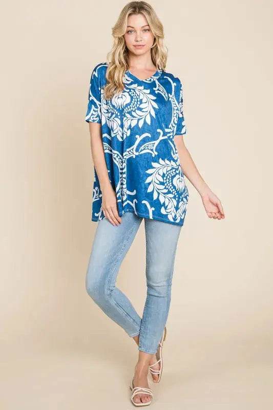 BOMBOM Printed Relaxed V-Neck Tunic Top - Velveta Studio
