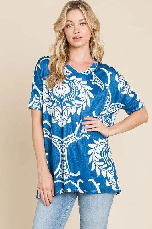 BOMBOM Printed Relaxed V-Neck Tunic Top - Velveta Studio